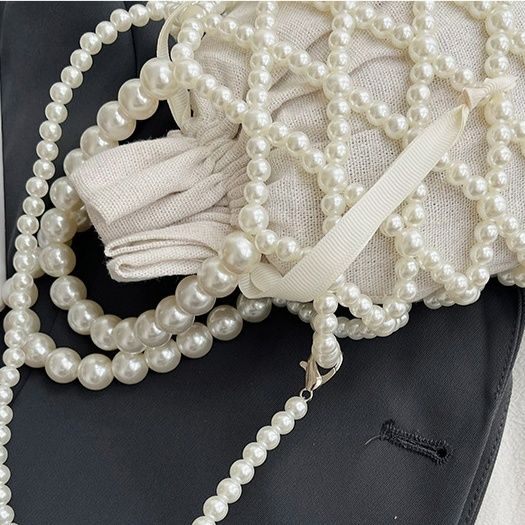 巾着 パール装飾付き格子柄巾着ショルダーバッグ