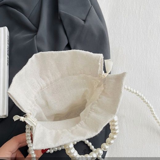 巾着 パール装飾付き格子柄巾着ショルダーバッグ