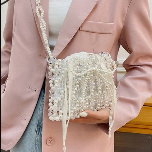 巾着 パール装飾付き透明巾着ショルダーバッグ