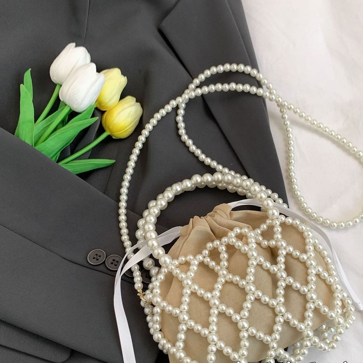 巾着 パール装飾巾着ショルダーバッグ