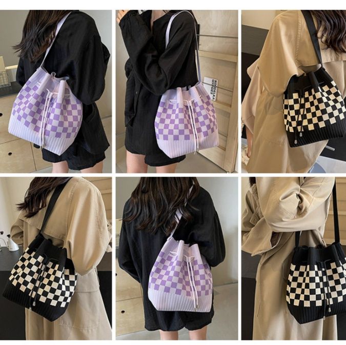 巾着 市松模様ニット編み巾着型ショルダー鞄