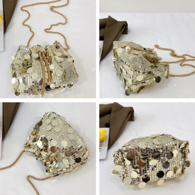 巾着 スパンコール装飾巾着型チェーンショルダーバッグ