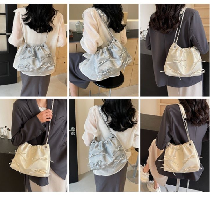 巾着 リボン装飾チェーン付き巾着トートバッグ