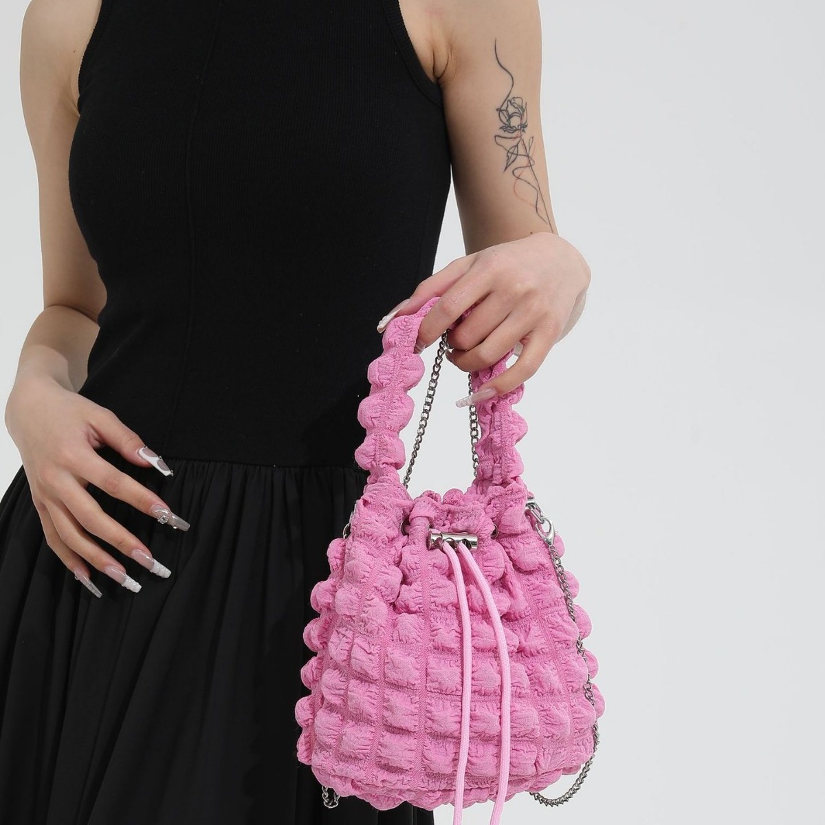 巾着 フリル刺繍レース巾着ショルダーバッグ