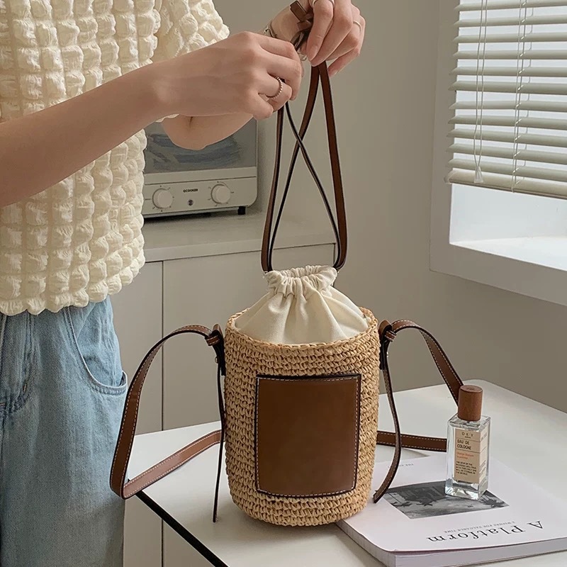 巾着 編み込みナチュラル巾着ショルダーバッグ