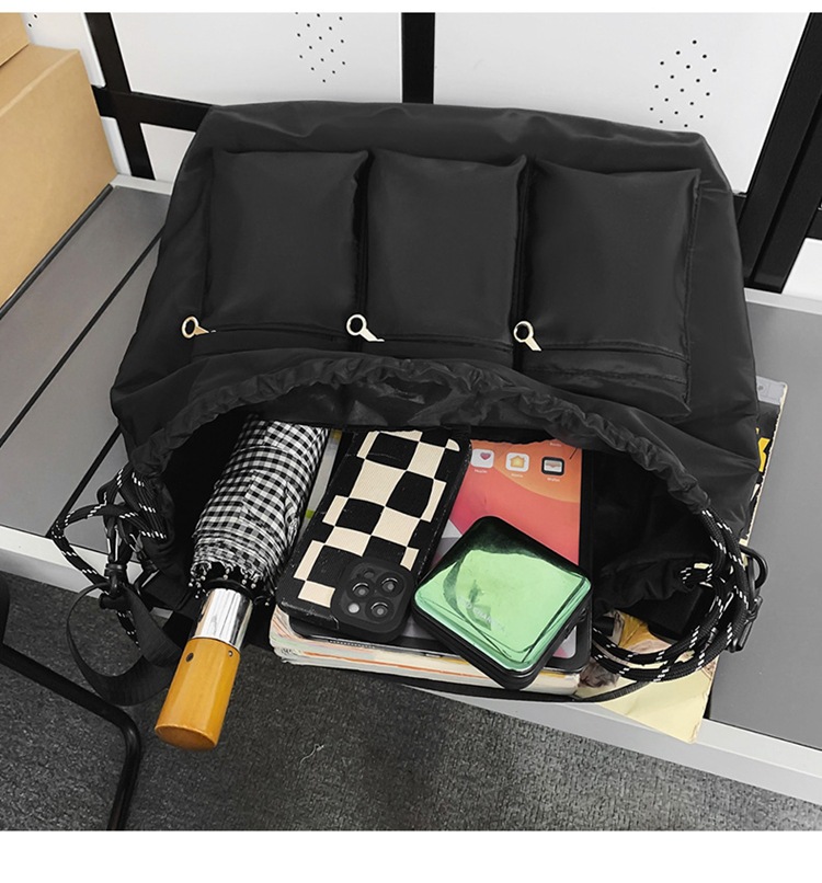 巾着 多機能ポケット付き巾着型ショルダーバッグ