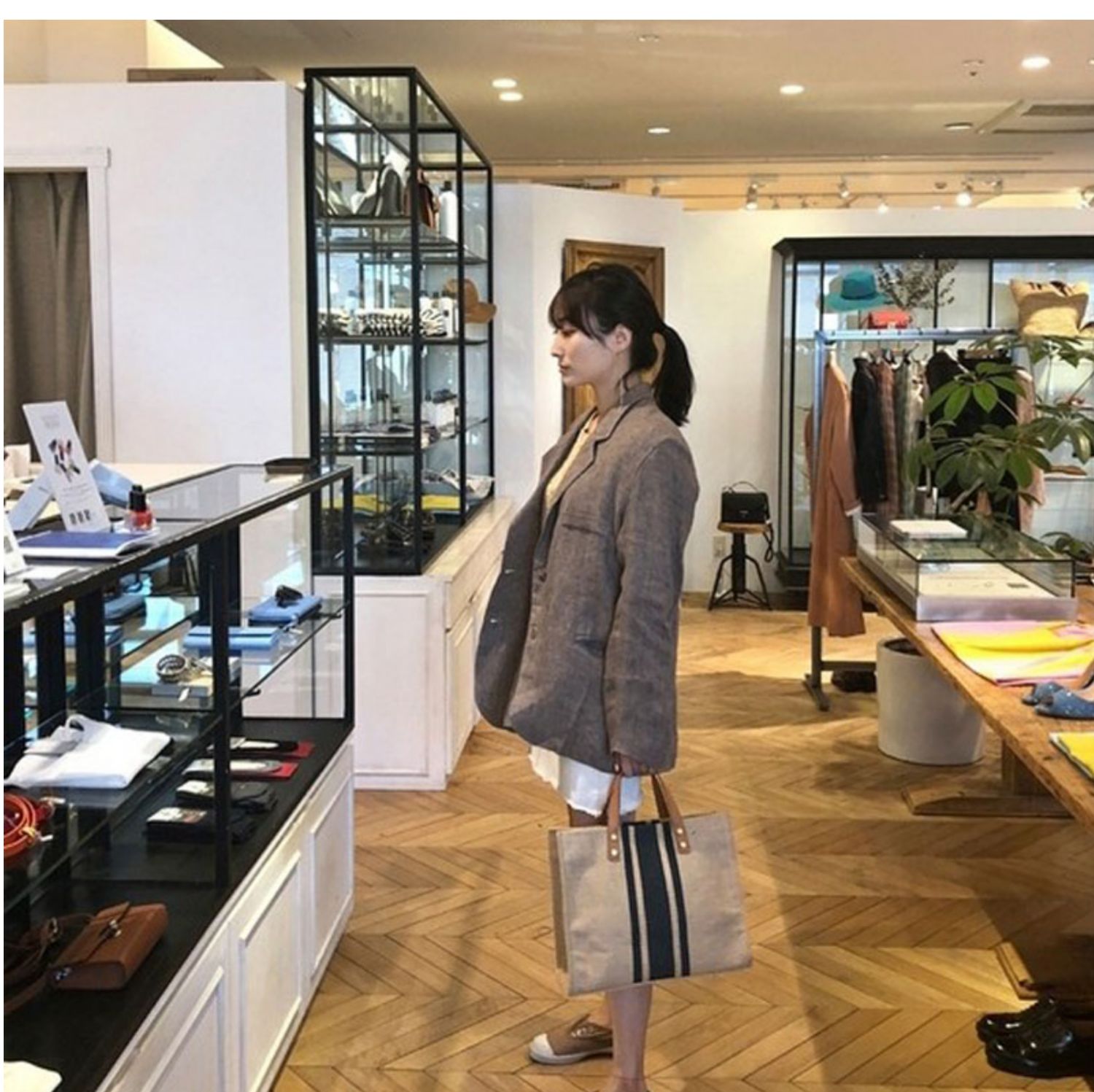 巾着 ストライプ柄天然素材編み込み巾着トートバッグ