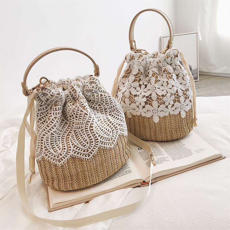 巾着 花柄刺繍編み込み巾着ショルダー鞄