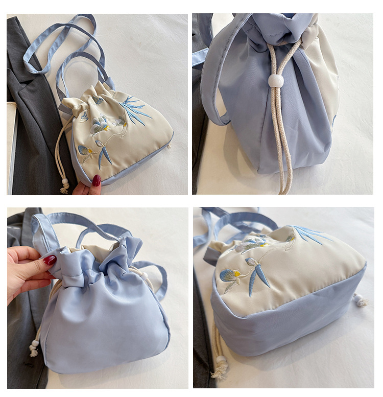 巾着 花鳥刺繍が華やぐ巾着型ショルダーバッグ