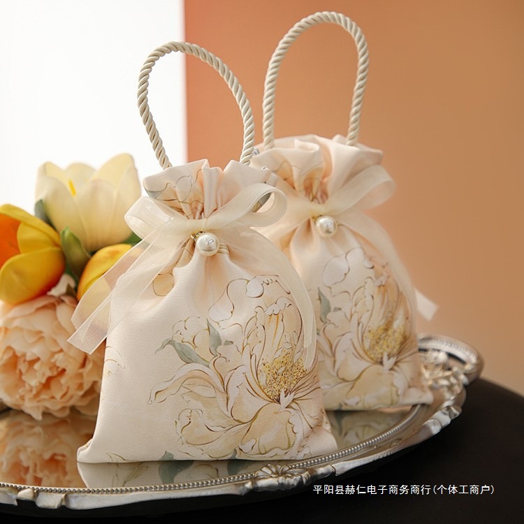 巾着 花柄刺繍パール付きリボン巾着トートバッグ