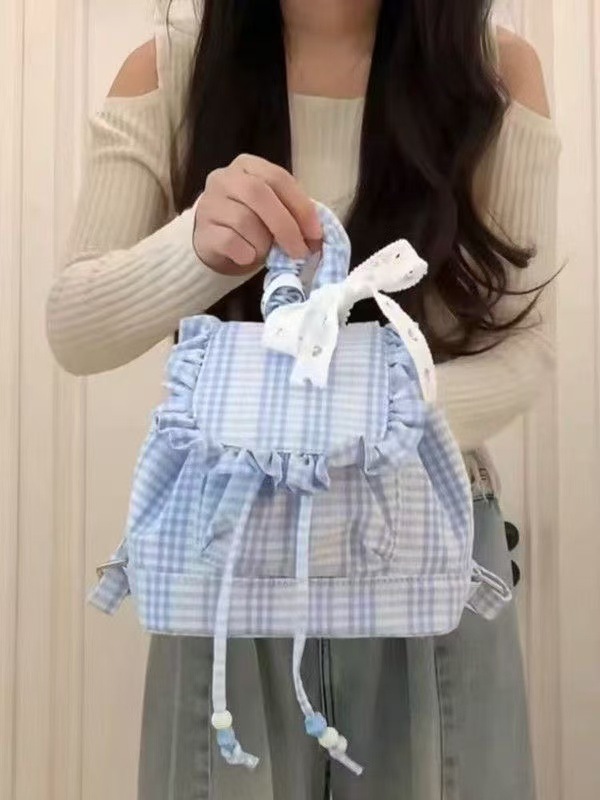 巾着 ギンガムチェック柄フリル付き巾着リュック