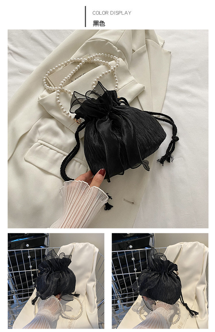 巾着 パール装飾付きプリーツ巾着ショルダーバッグ