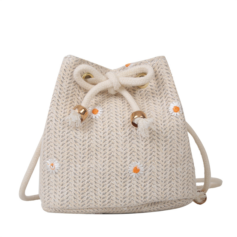 巾着 小花刺繍ヘリンボーン織り巾着ポーチ