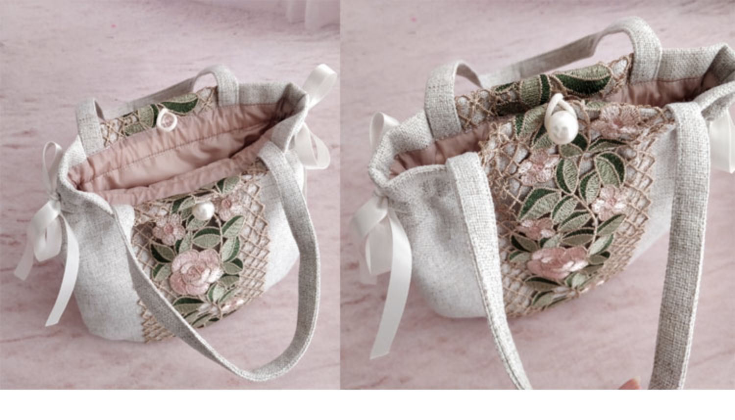 花柄刺繍入りエレガント巾着ポーチ