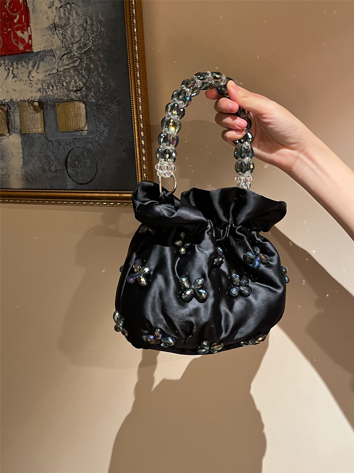 巾着 ビジュー装飾サテン巾着トートバッグ