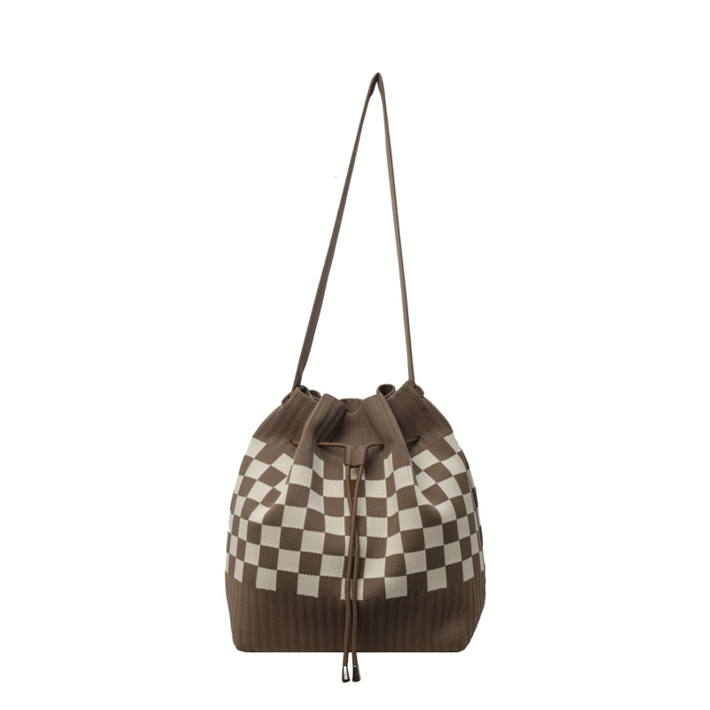 巾着 市松模様ニット編み巾着型ショルダー鞄