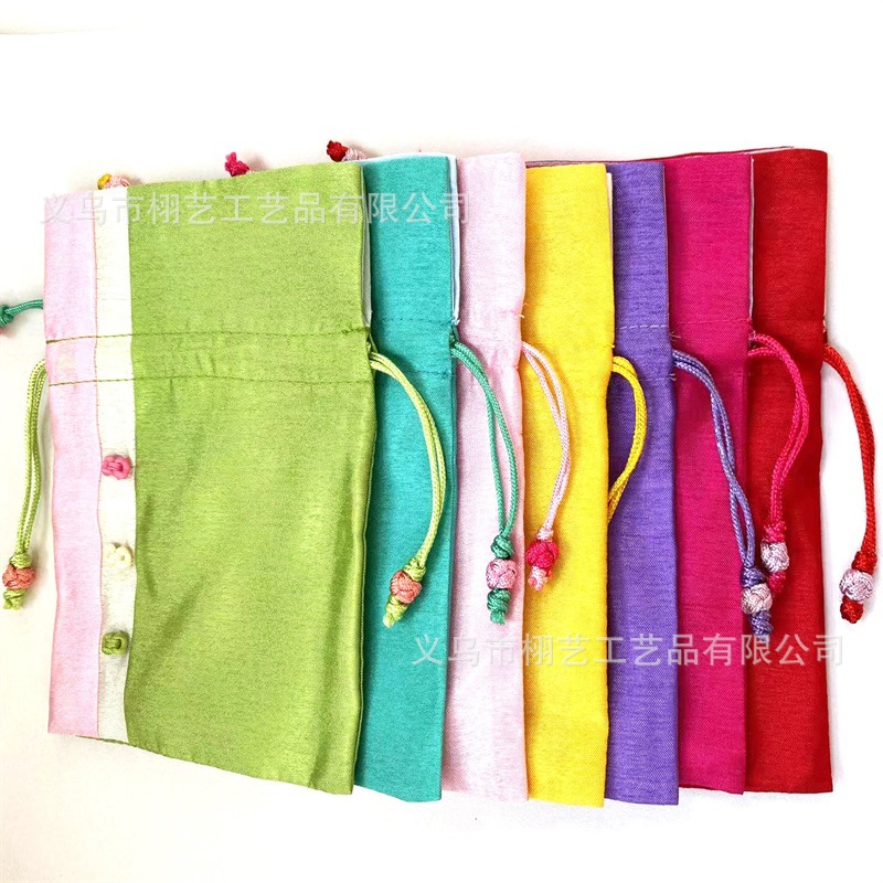 巾着 可愛い花結び紐付き三色切替サテン巾着ポーチ