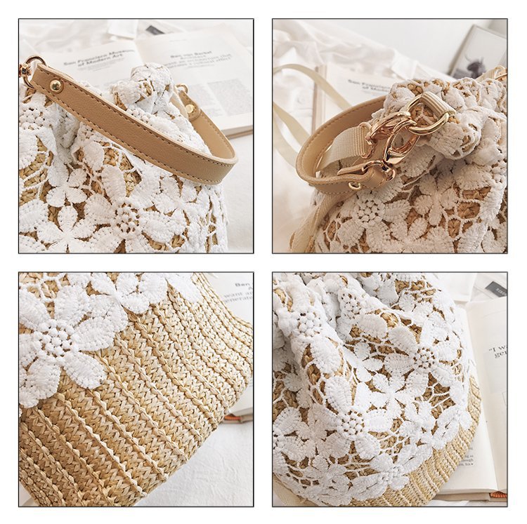 巾着 花柄レース編み込み巾着ポーチ