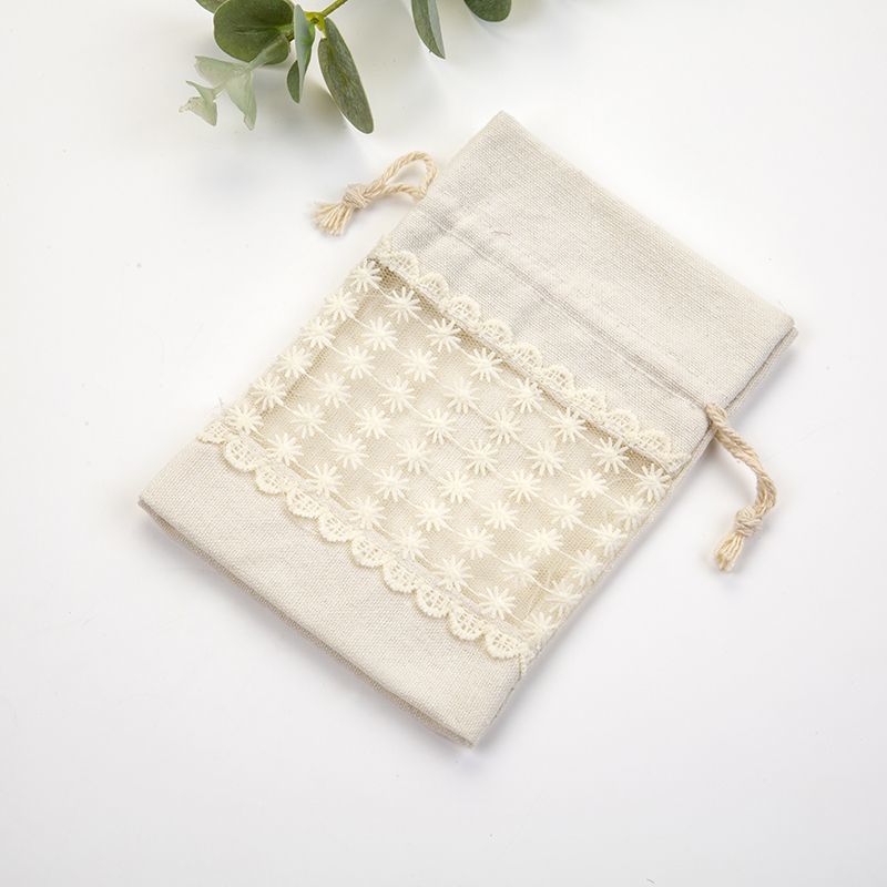 巾着 花刺繍レース付きナチュラルリネン調巾着ポーチ