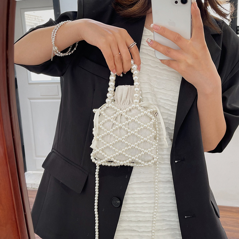 巾着 パール装飾付き格子柄巾着ショルダーバッグ