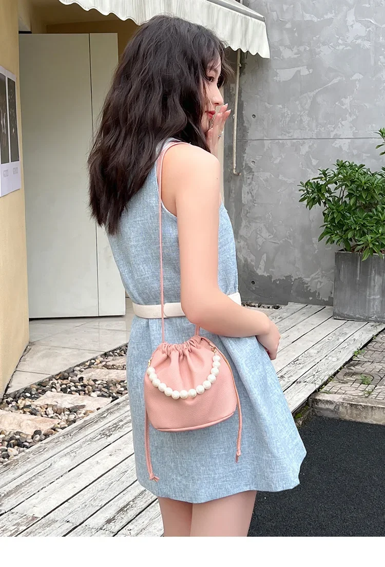 巾着 パール持ち手付き巾着ショルダーバッグ