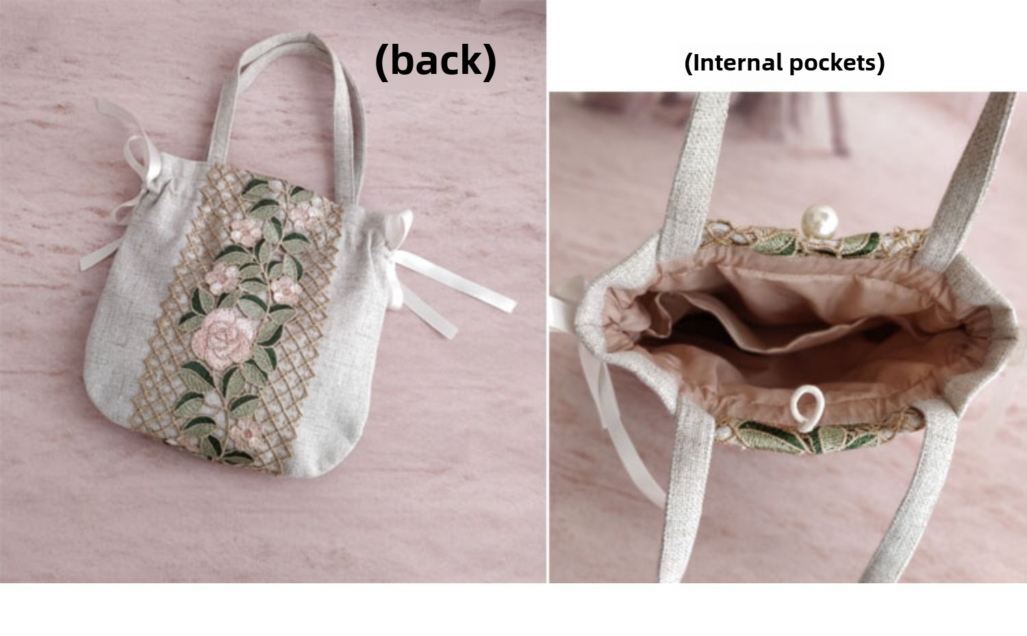 花柄刺繍入りエレガント巾着ポーチ