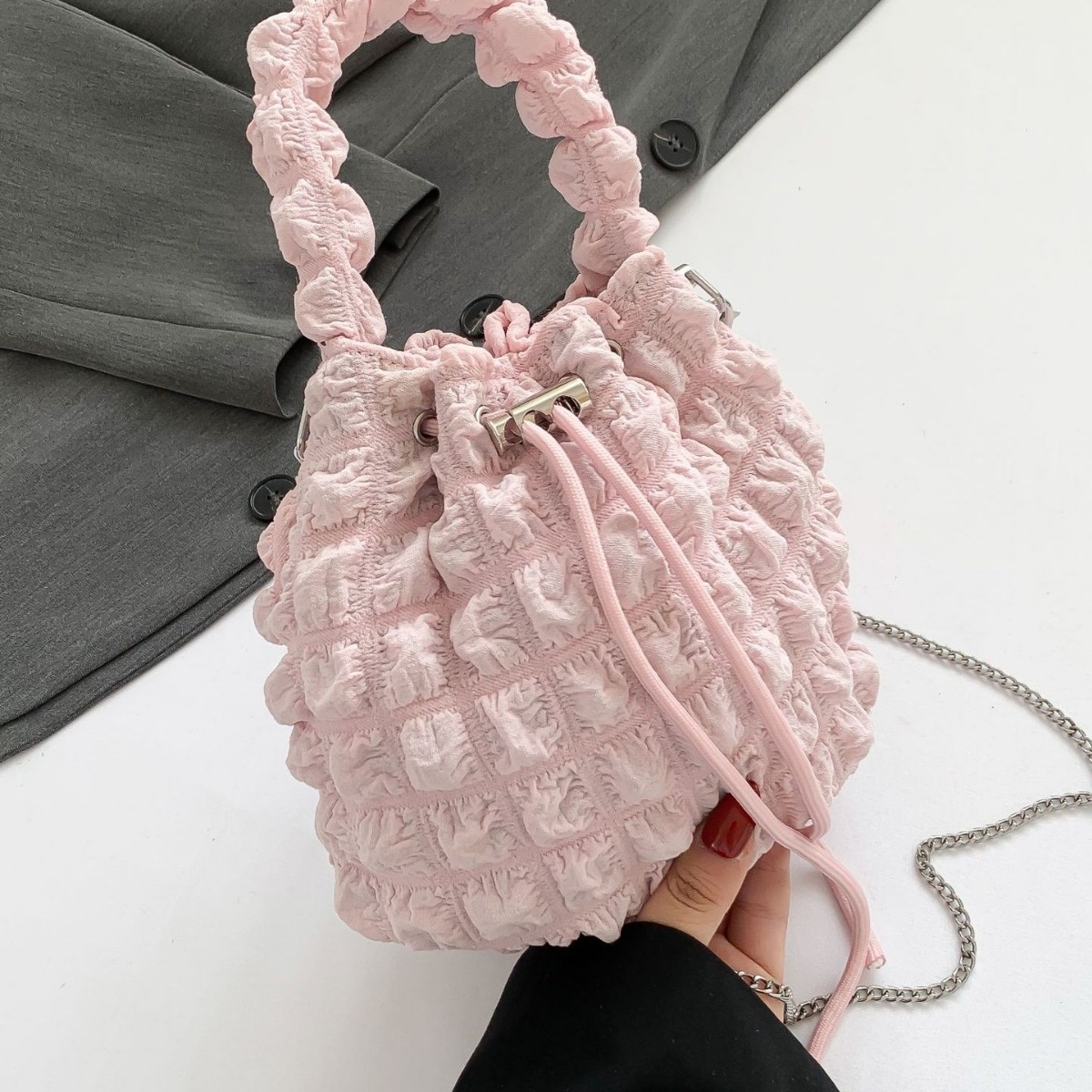 巾着 フリル刺繍レース巾着ショルダーバッグ