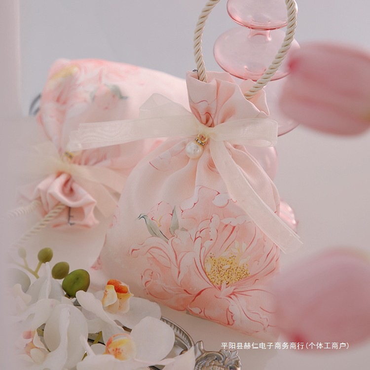 巾着 花柄刺繍パール付きリボン巾着トートバッグ