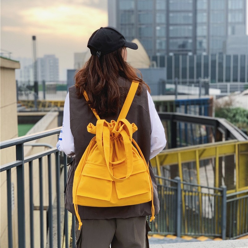 巾着 多機能ポケット付き巾着トートバッグ