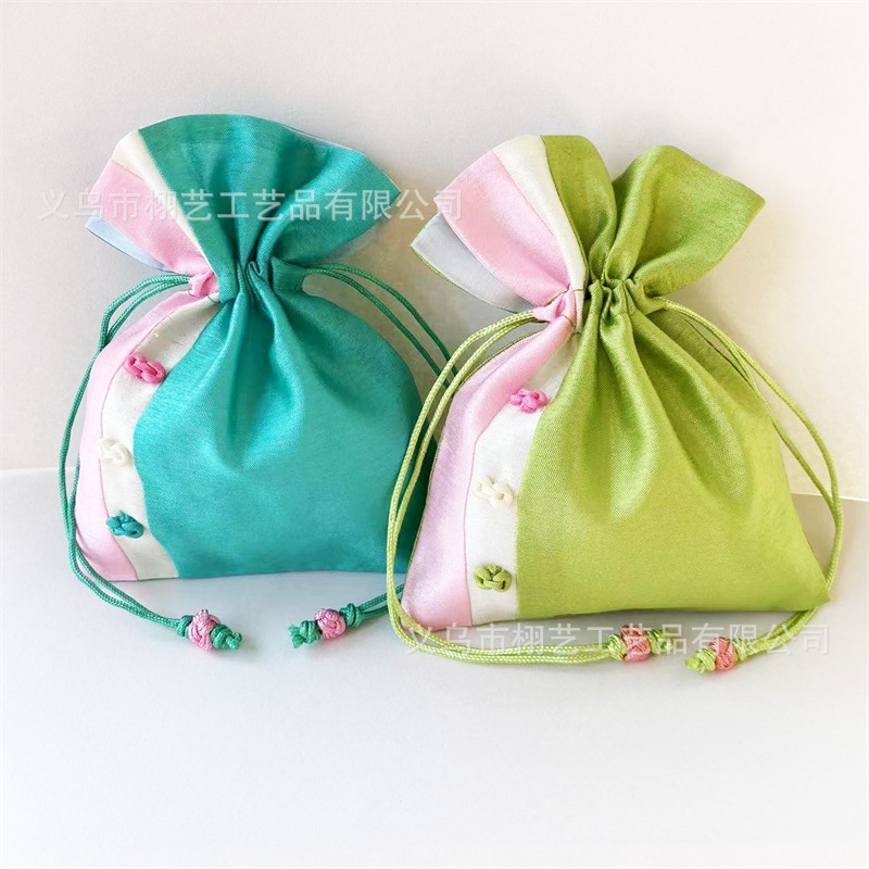 巾着 可愛い花結び紐付き三色切替サテン巾着ポーチ
