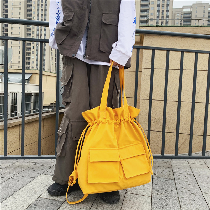 巾着 多機能ポケット付き巾着トートバッグ