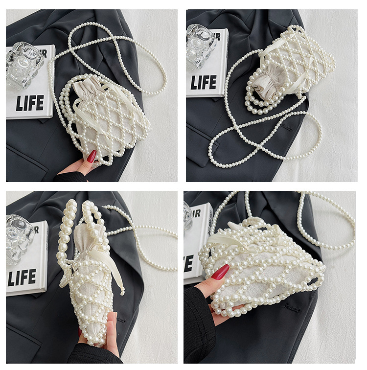 巾着 パール装飾付き格子柄巾着ショルダーバッグ