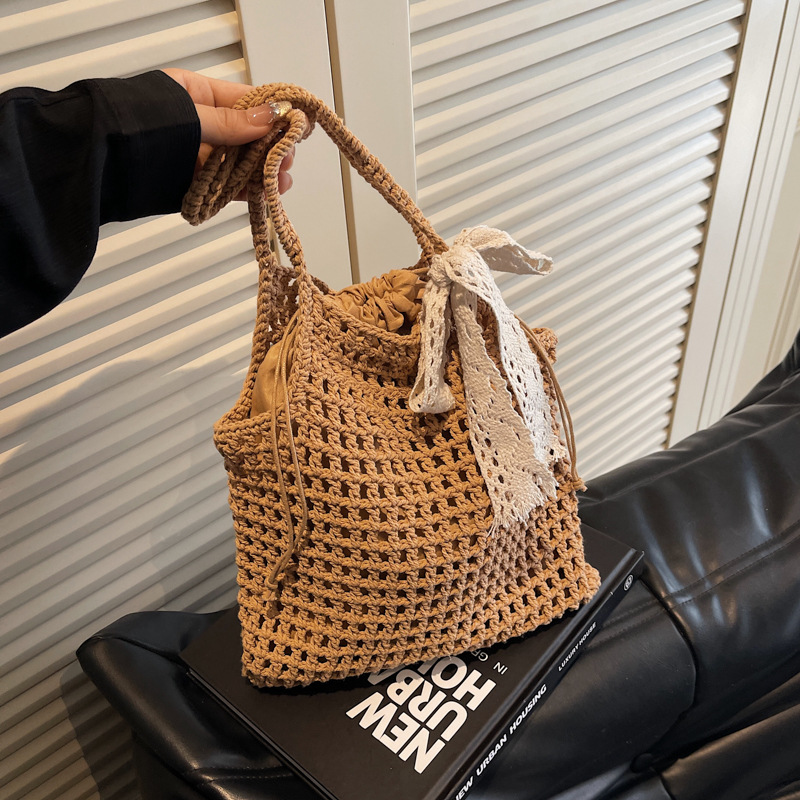 巾着 レース飾り編み目巾着トート