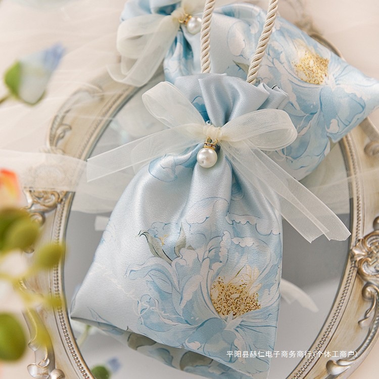 巾着 花柄刺繍パール付きリボン巾着トートバッグ