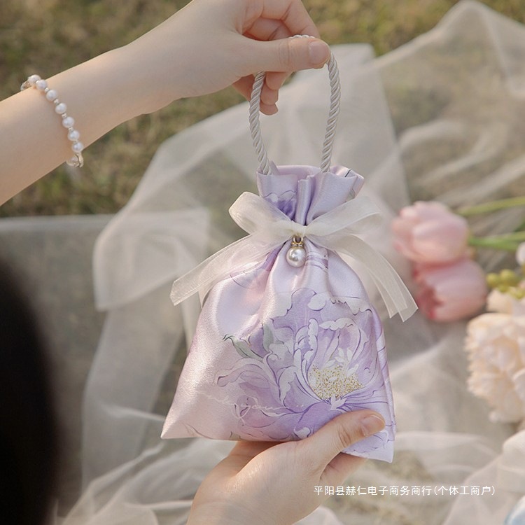 巾着 花柄刺繍パール付きリボン巾着トートバッグ