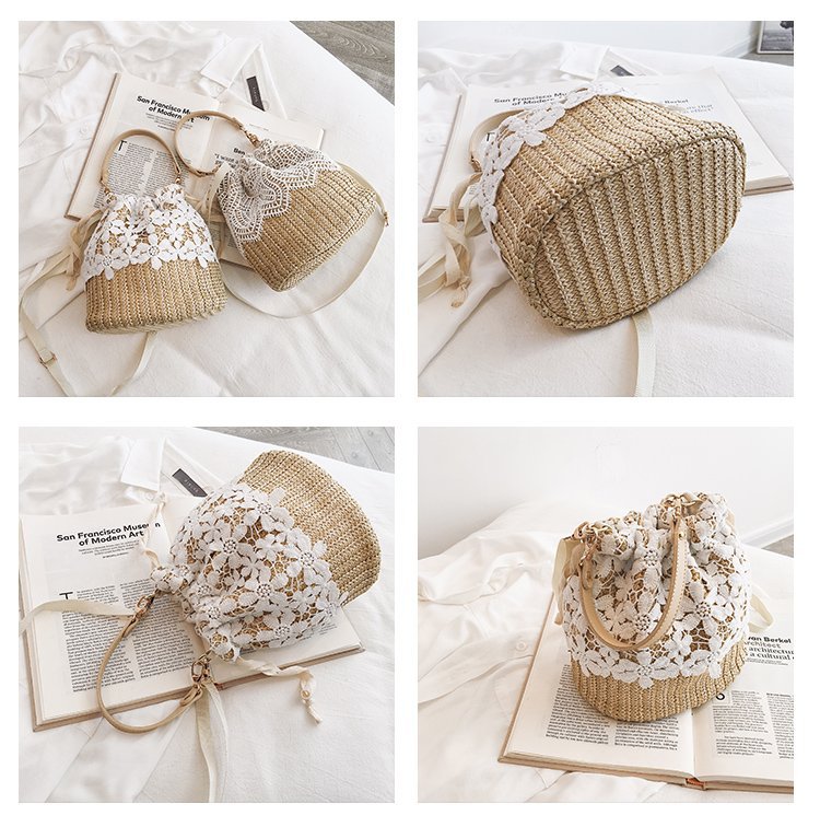 巾着 花柄レース編み込み巾着ポーチ