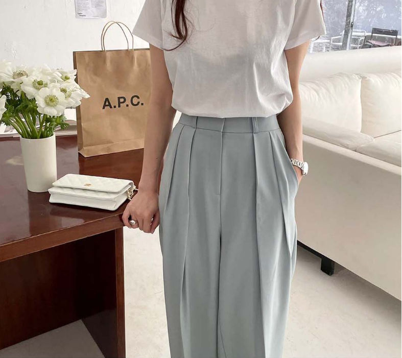 春夏新作 ワイドタックパンツ ハイウエスト 着痩せ レディース