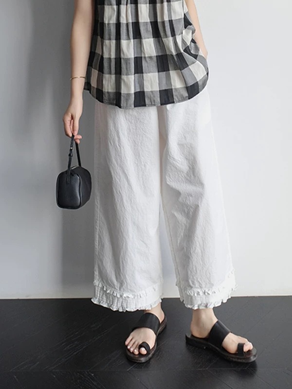 ワイドタックパンツ 裾フリル ゆったりタック入りパンツ