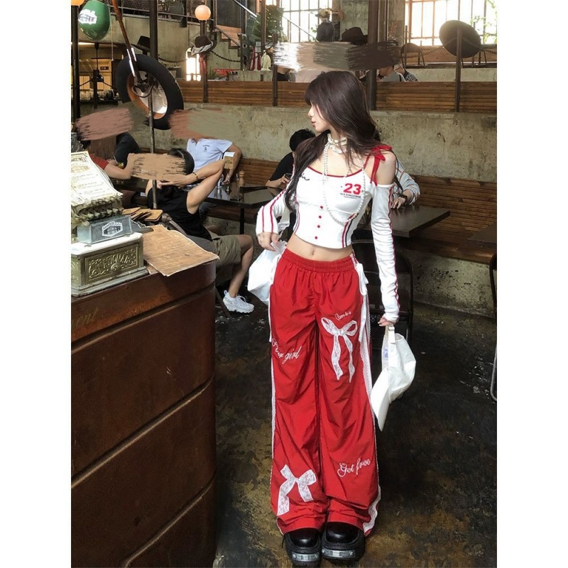 ワイドタックパンツ リボン飾り ワイドデニム ストレートパンツ レディース
