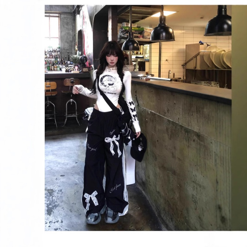 ワイドタックパンツ リボン飾り ワイドデニム ストレートパンツ レディース