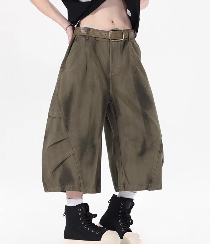 ワイドタックパンツ デニム風 ワイド カーゴパンツ 7分丈 メンズ