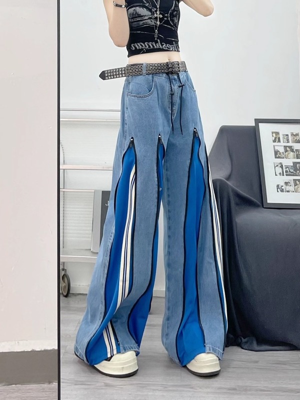 ワイドタックパンツ バイカラーデニムワイドパンツ レディース