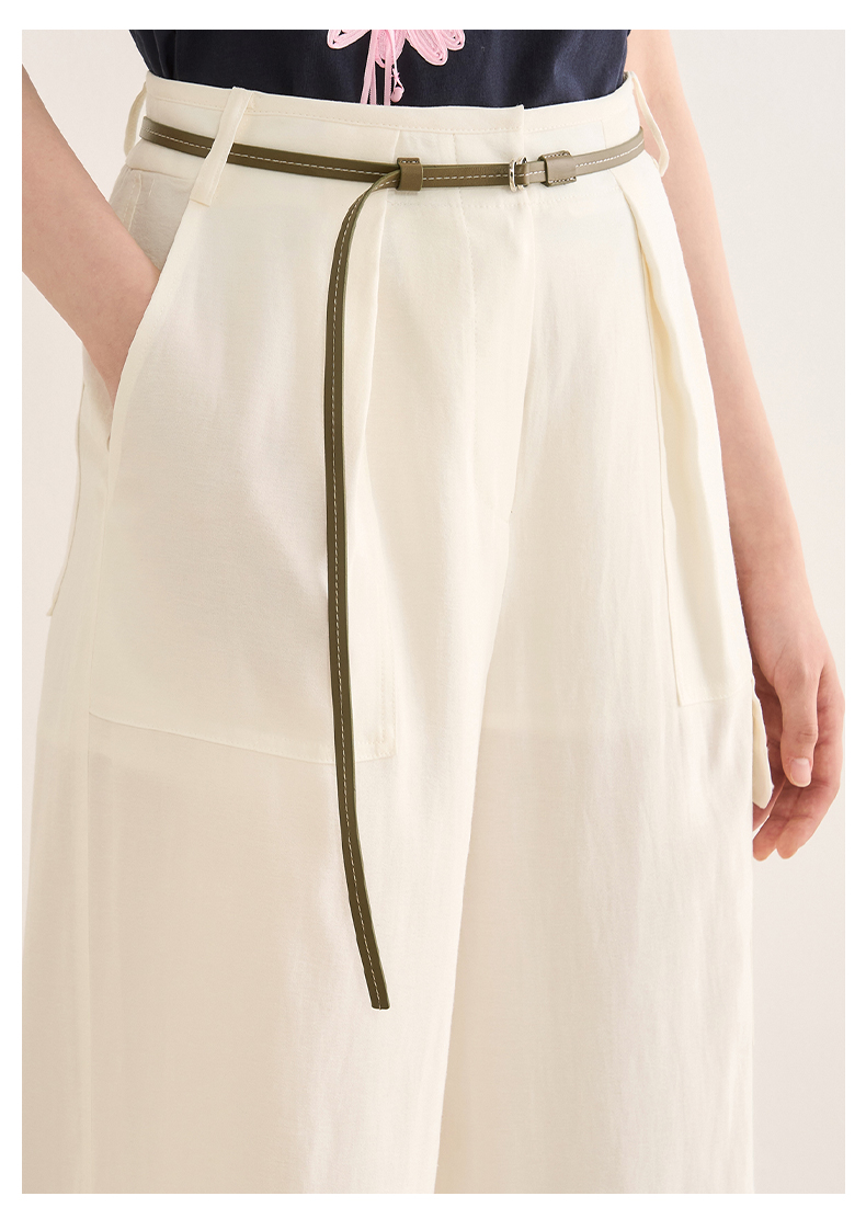 ワイドタックパンツ リネン混スリット入りワイドパンツ