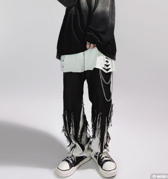 ワイドタックパンツ 黒白切替 ワイドパンツ フリンジ加工 暗黒系