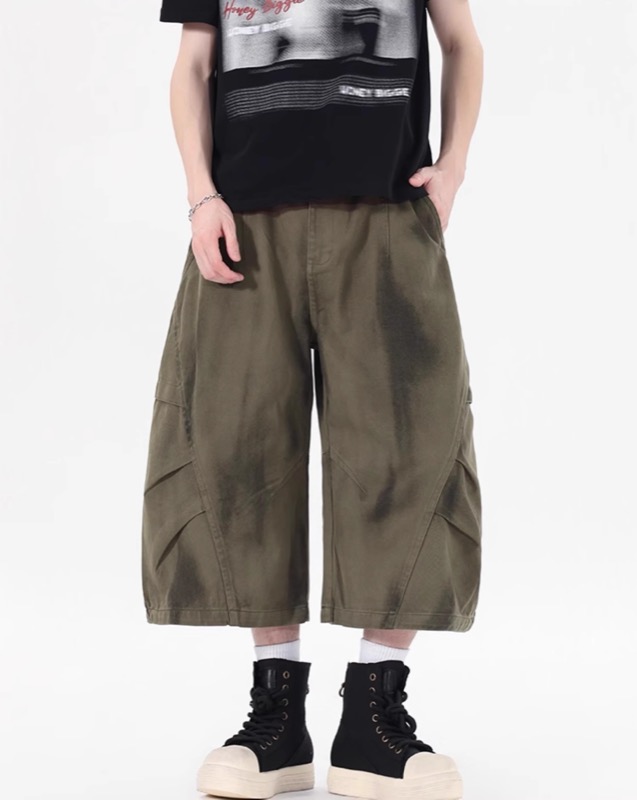 ワイドタックパンツ デニム風 ワイド カーゴパンツ 7分丈 メンズ