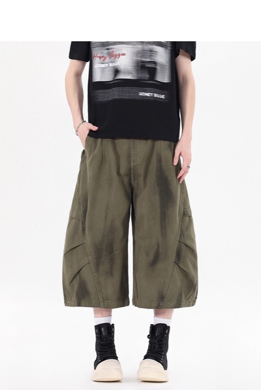 ワイドタックパンツ デニム風 ワイド カーゴパンツ 7分丈 メンズ