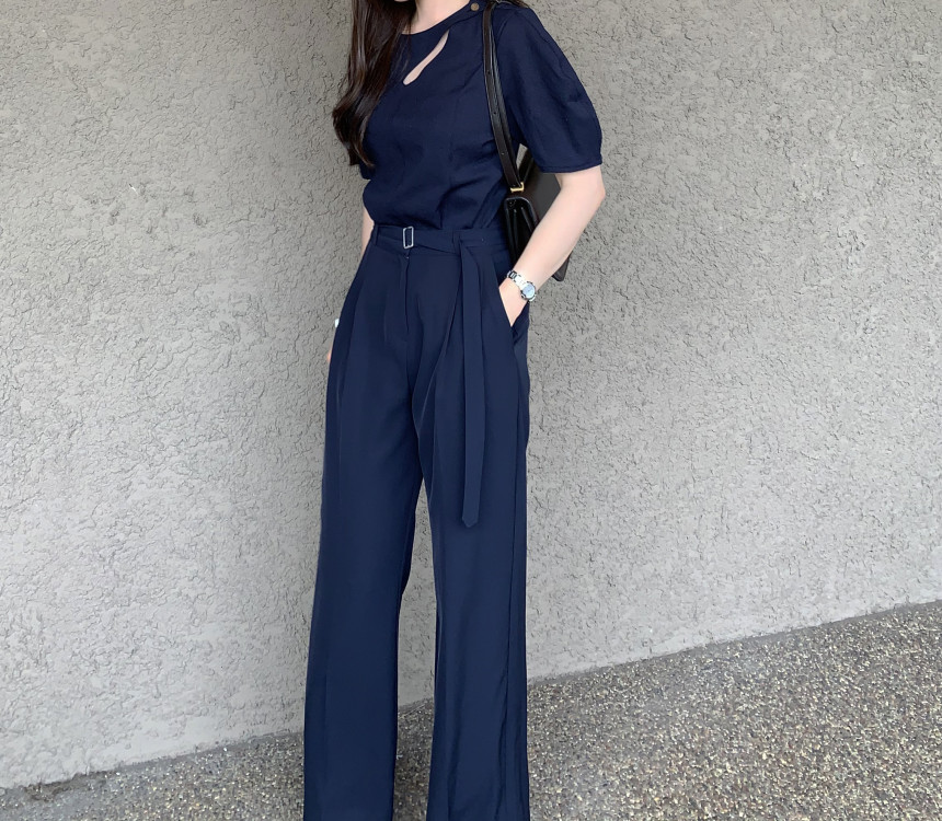 ハイウエストタックワイドパンツ レディース着痩せロング丈 グレー