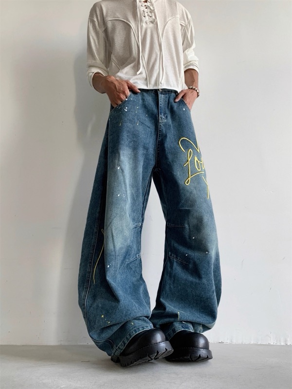 ワイドタックパンツ アート刺繍入り ワイドデニム ジーンズ メンズ