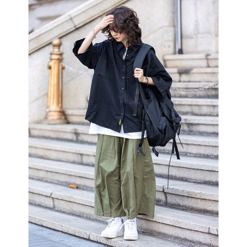 ワイドタックパンツ 白シューズに合う ハイウエスト ワイドパンツ 7分丈