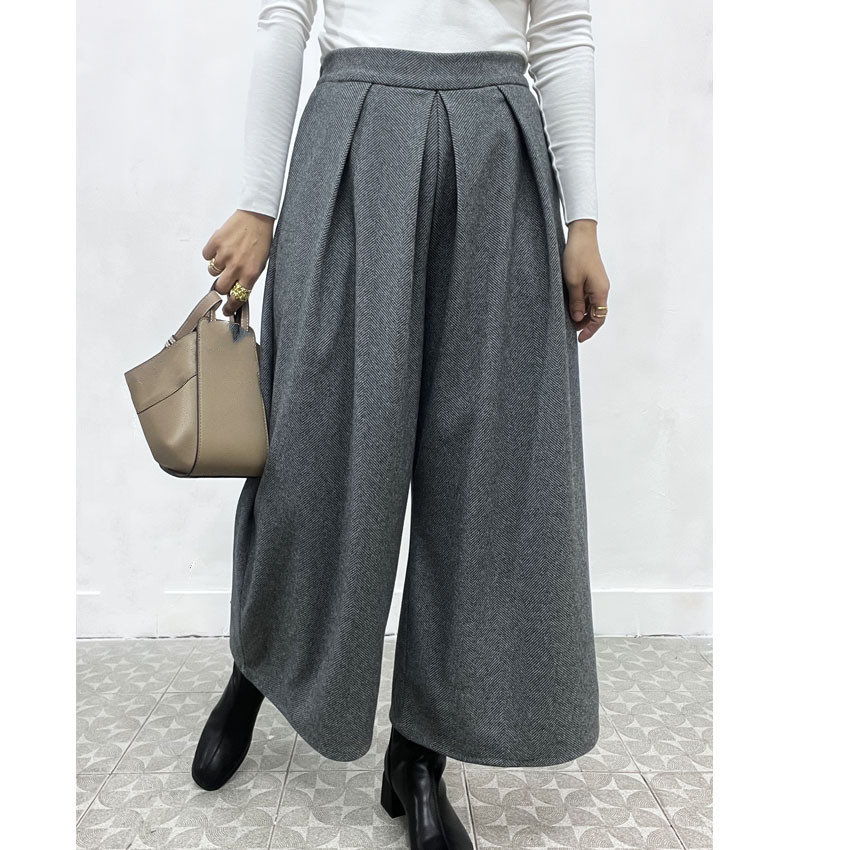 レディース タックワイドパンツ ハイウエスト 体型カバー グレー